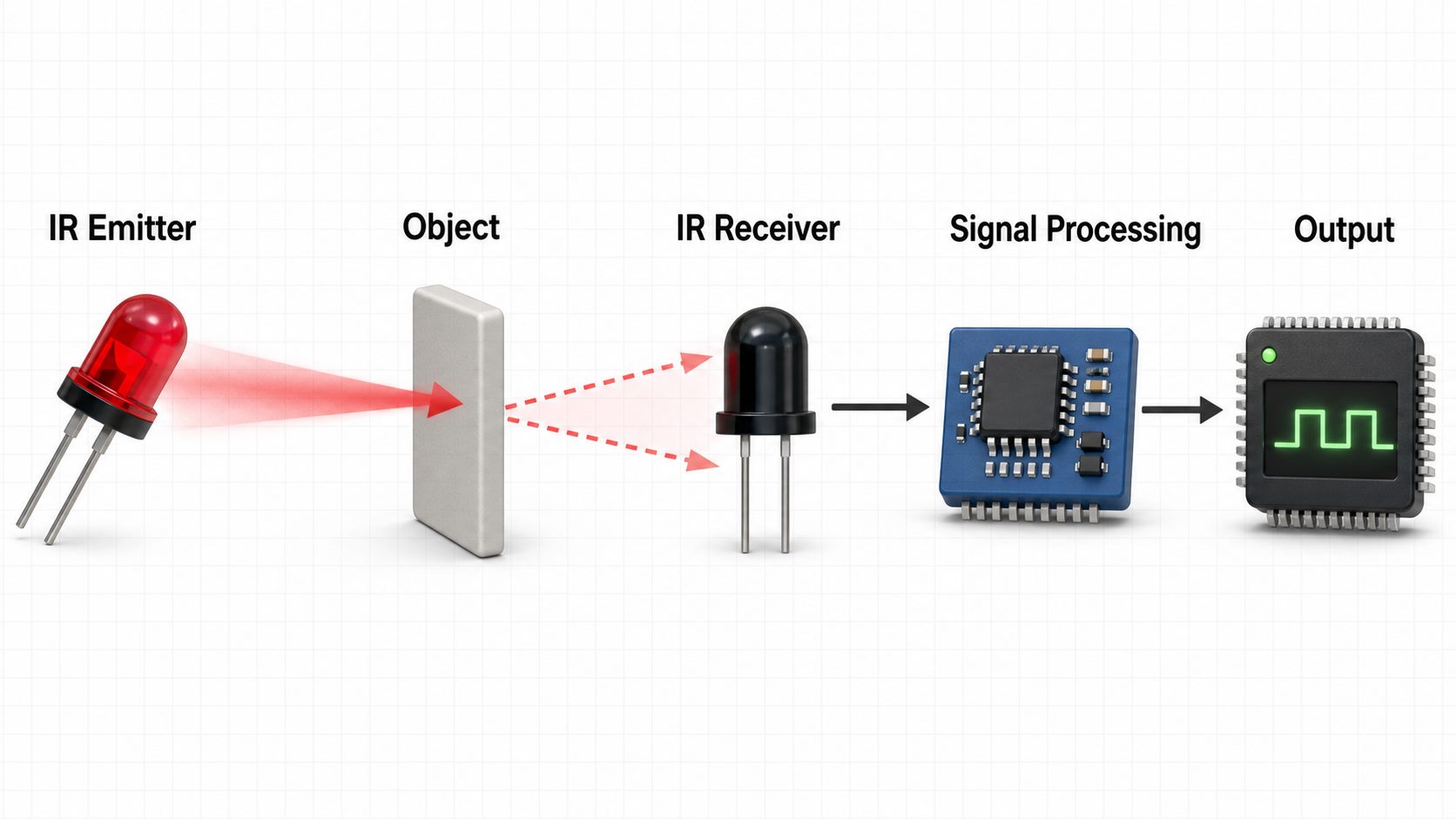 IR sensor working principle from emitter and reflected object to receiver, signal processing and output