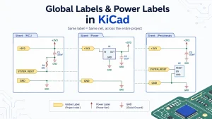 KiCad global labels and power labels connecting matching nets across multiple schematic sheets