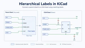 KiCad hierarchical labels connecting a parent schematic sheet to a child sheet through matching sheet pins