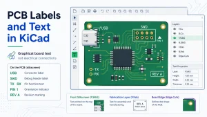 KiCad PCB Editor showing silkscreen labels, layer selection, and board text properties