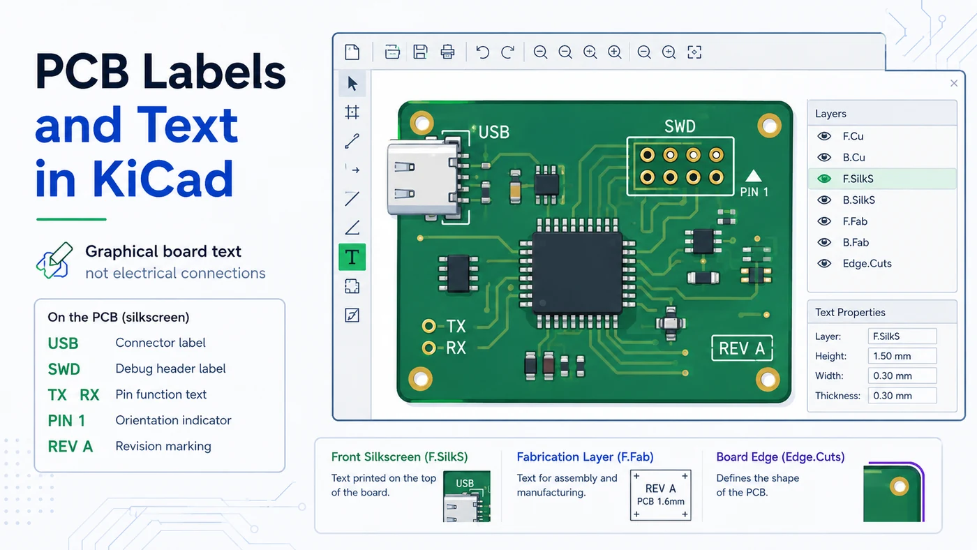 KiCad PCB Editor showing silkscreen labels, layer selection, and board text properties