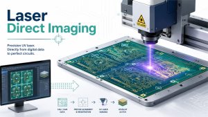 Laser direct imaging machine exposing a PCB panel from digital CAM data