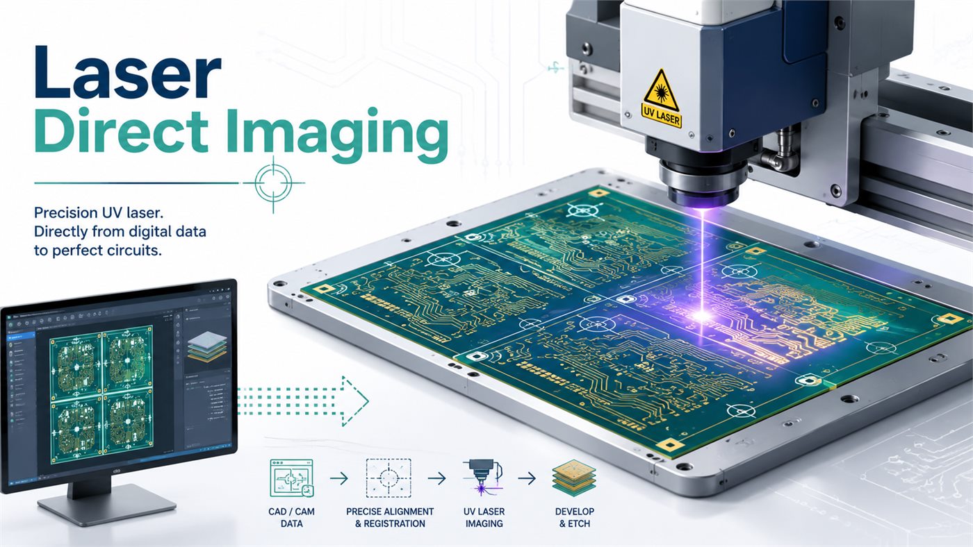 Laser direct imaging machine exposing a PCB panel from digital CAM data