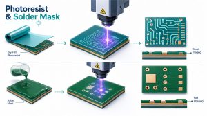 LDI exposure of dry-film photoresist for circuit imaging and liquid solder mask for pad openings