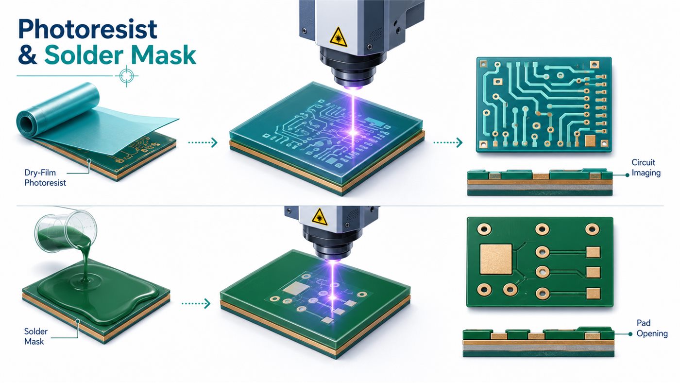 LDI exposure of dry-film photoresist for circuit imaging and liquid solder mask for pad openings