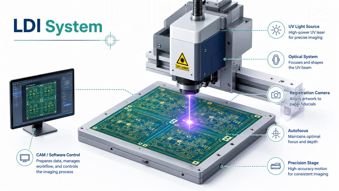 Main components of an LDI system including UV source, optics, registration camera, autofocus, stage, and CAM control
