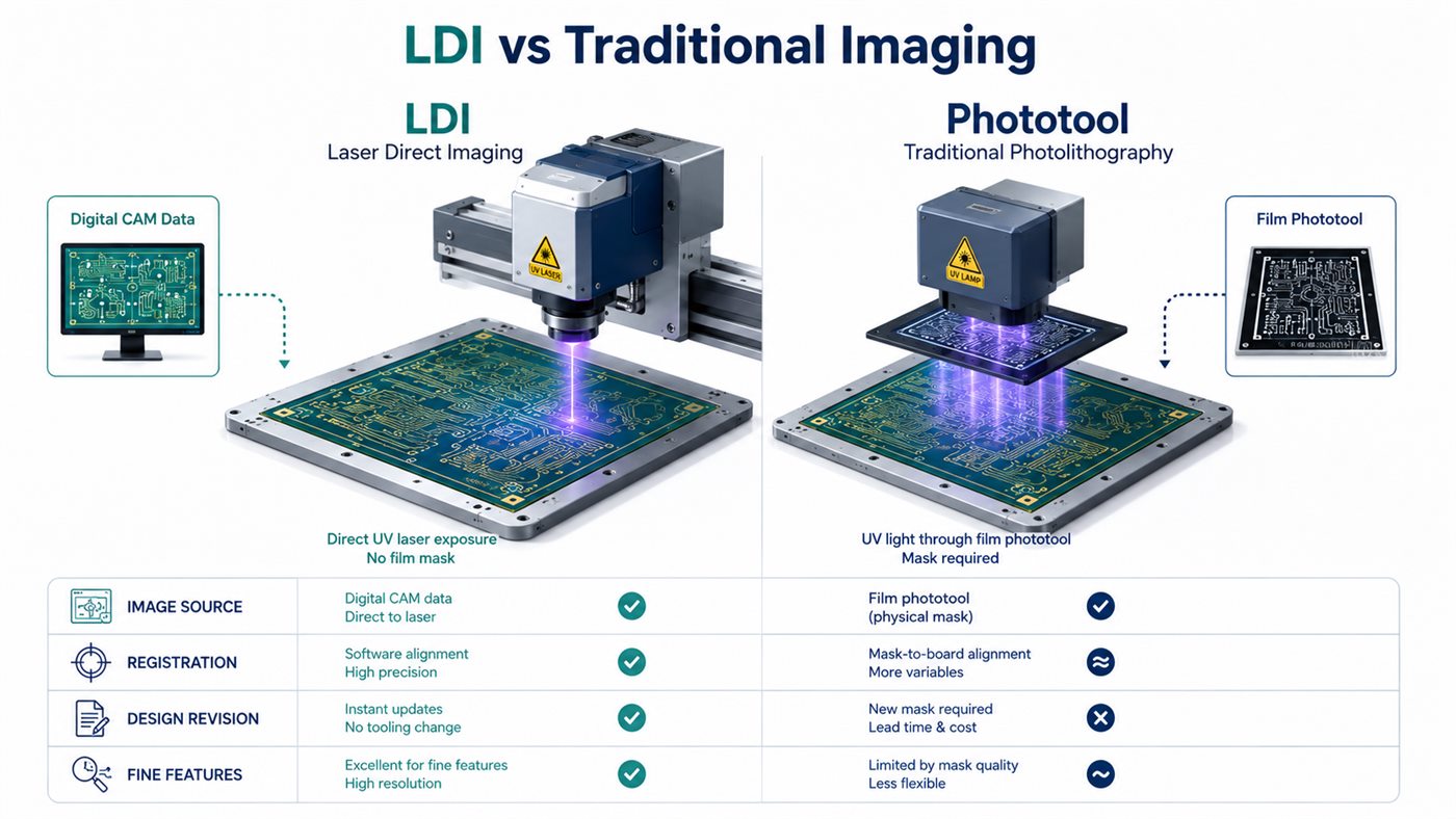 Comparison of laser direct imaging and traditional phototool PCB exposure