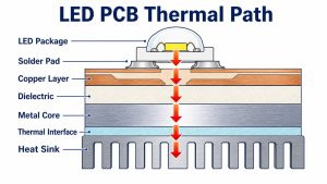 LED PCB thermal path from LED package through copper dielectric metal core and heat sink