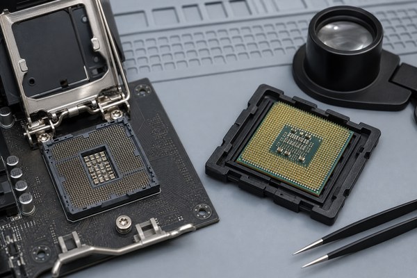 Open LGA motherboard socket and PGA processor pins arranged for contact inspection