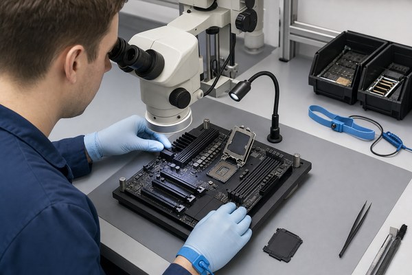 Technician inspecting an open motherboard LGA socket under a stereo microscope