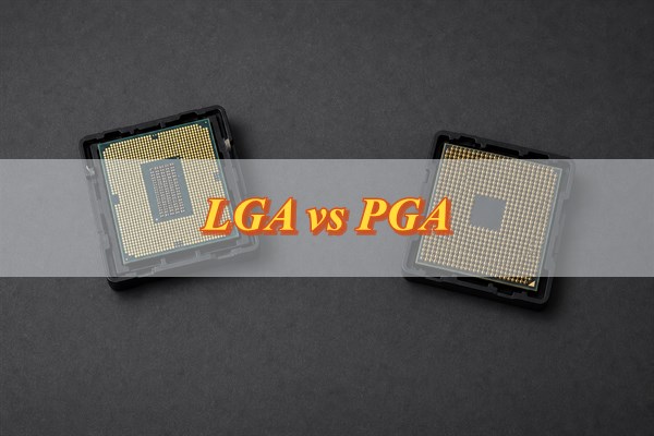 Motherboard with an open LGA socket beside a PGA processor in a protective tray