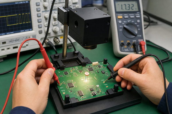 Engineer testing an LDR sensor PCB under controlled illumination