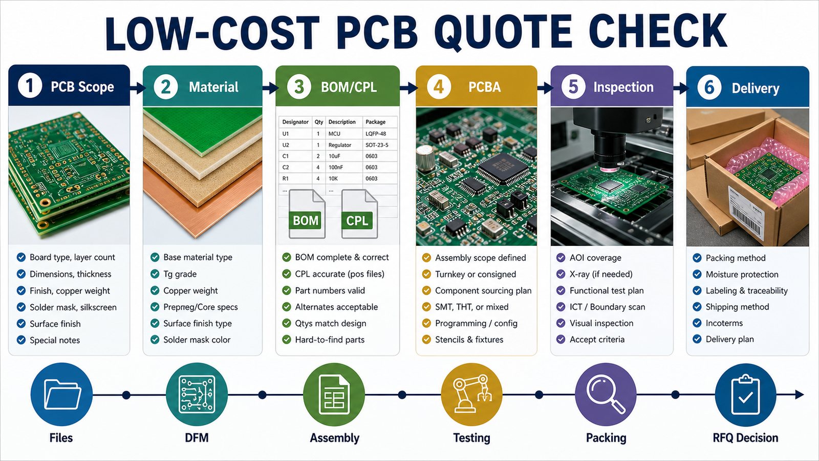 Low-cost PCB quote check covering PCB scope material BOM CPL PCBA inspection delivery and RFQ decision