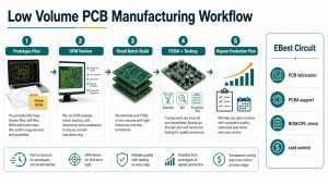 Low volume PCB manufacturing workflow from prototype files to DFM small batch PCBA testing and repeat production