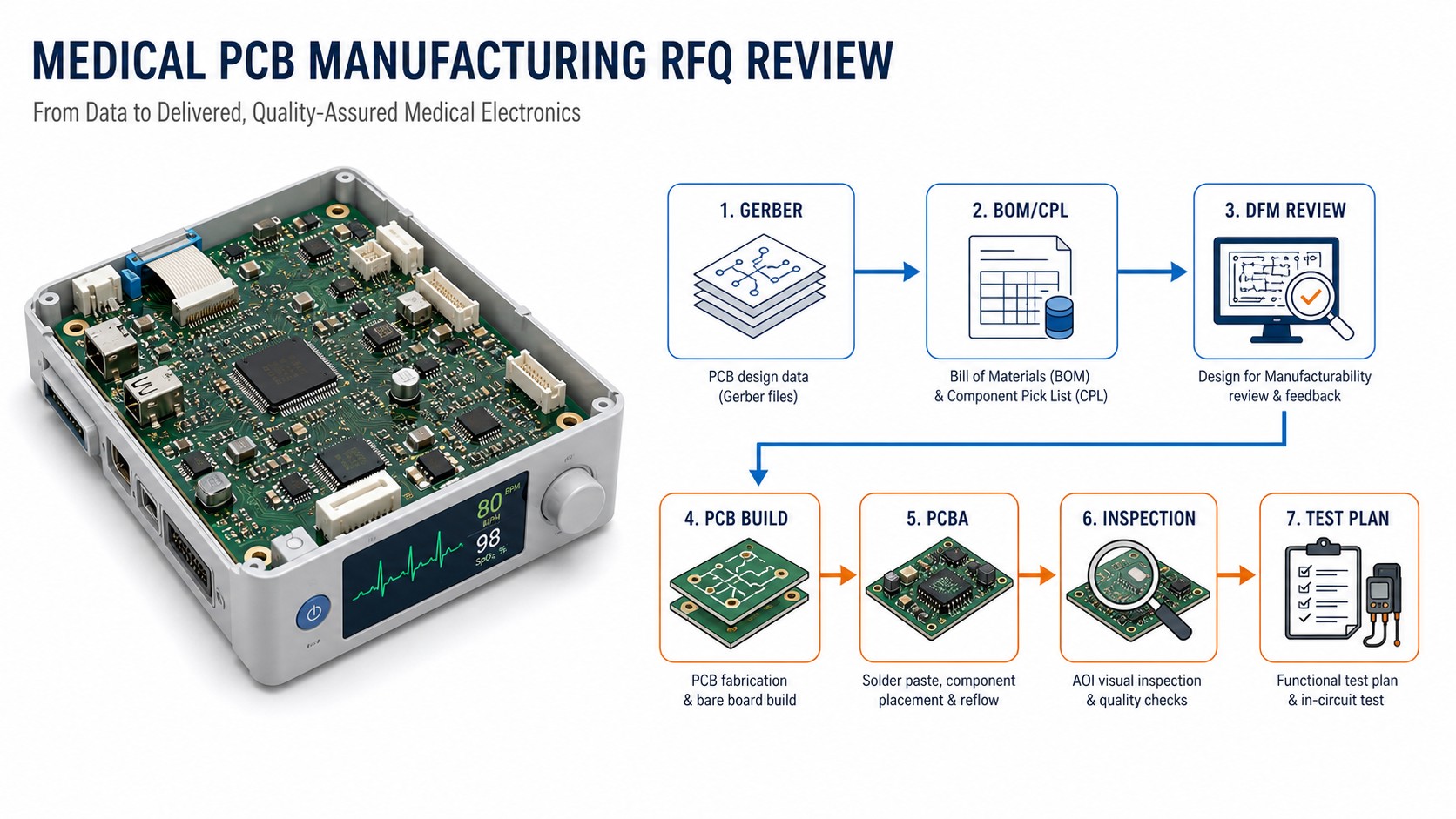 Medical PCB manufacturing RFQ review flow from files to inspection and testing