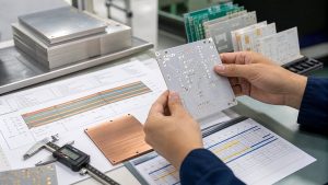 Engineer reviewing metal-backed PCB samples, stackup drawing and production schedule before RFQ