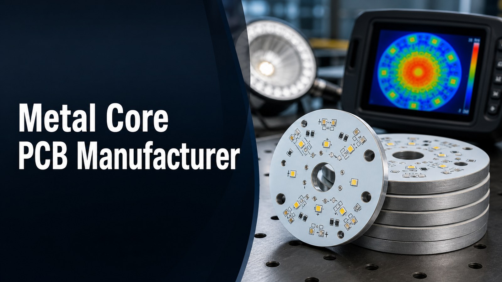 Metal core PCB manufacturer guide showing aluminum LED boards and thermal inspection