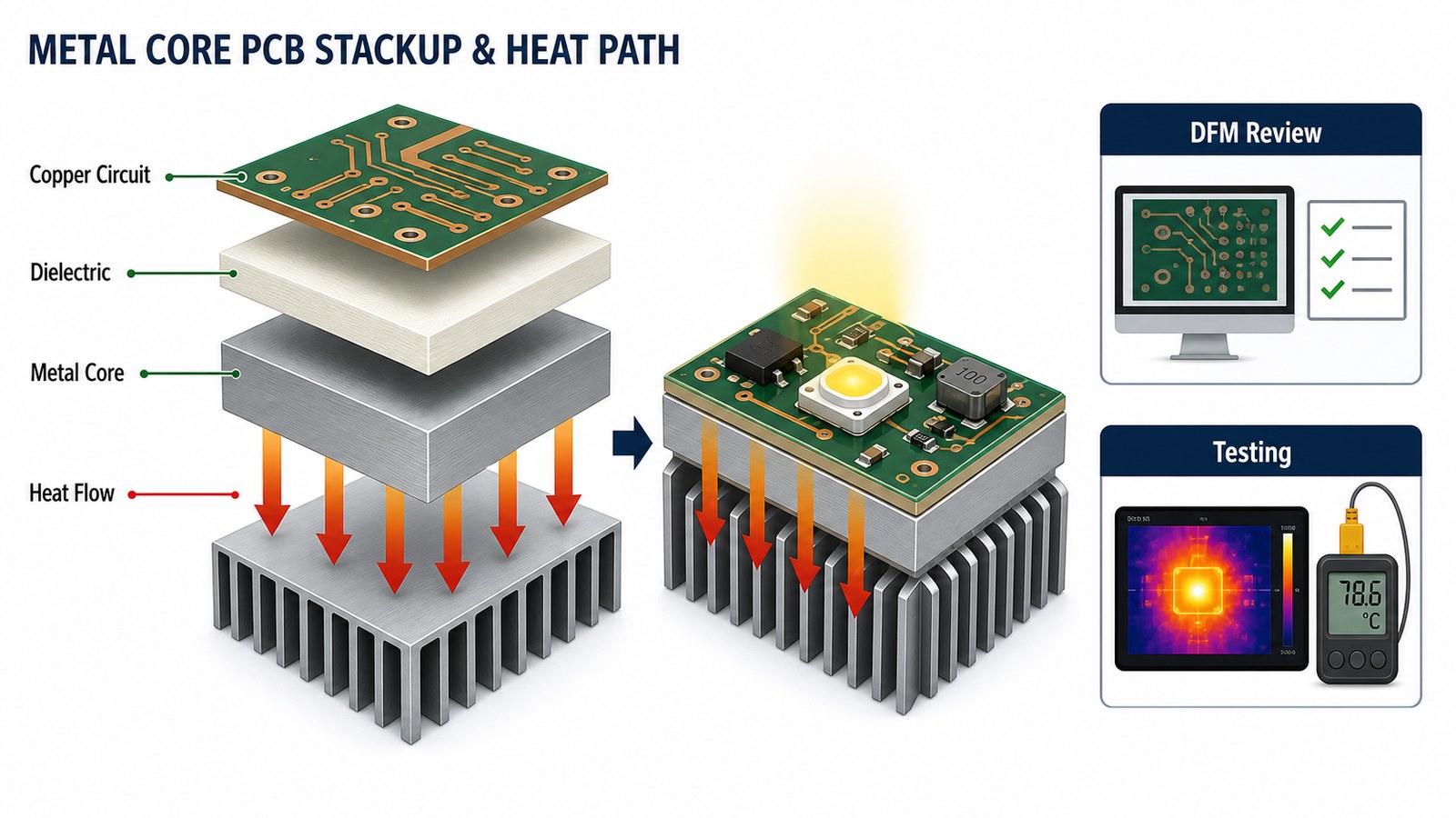 Metal core PCB stackup showing copper circuit dielectric metal core heat flow DFM review and testing