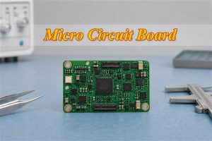 Centered micro circuit board between precision tweezers and a caliper