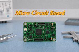 Centered micro circuit board with centered title between precision tools