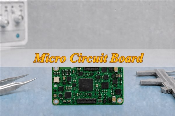 Compact micro circuit board beside precision tweezers and a caliper