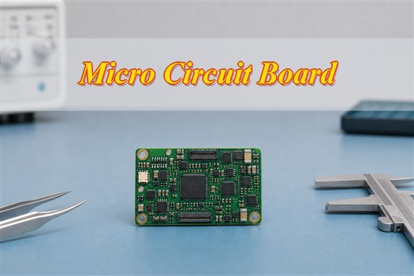Compact micro circuit board beside precision tweezers and a caliper