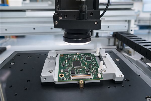 Compact micro PCB assembly positioned beneath an optical inspection camera