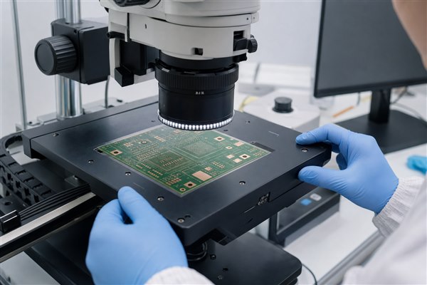 Micro PCB panel under optical inspection microscope