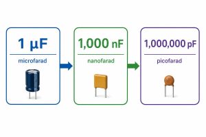 Conversion showing one microfarad equals one thousand nanofarads and one million picofarads