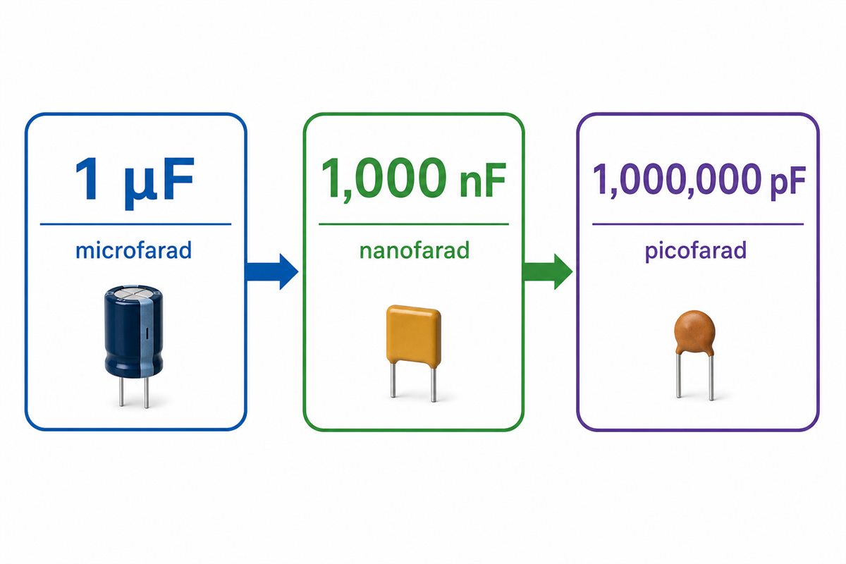 Conversion showing one microfarad equals one thousand nanofarads and one million picofarads