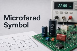 Microfarad symbol shown with capacitors, a PCB, schematic and capacitance meter