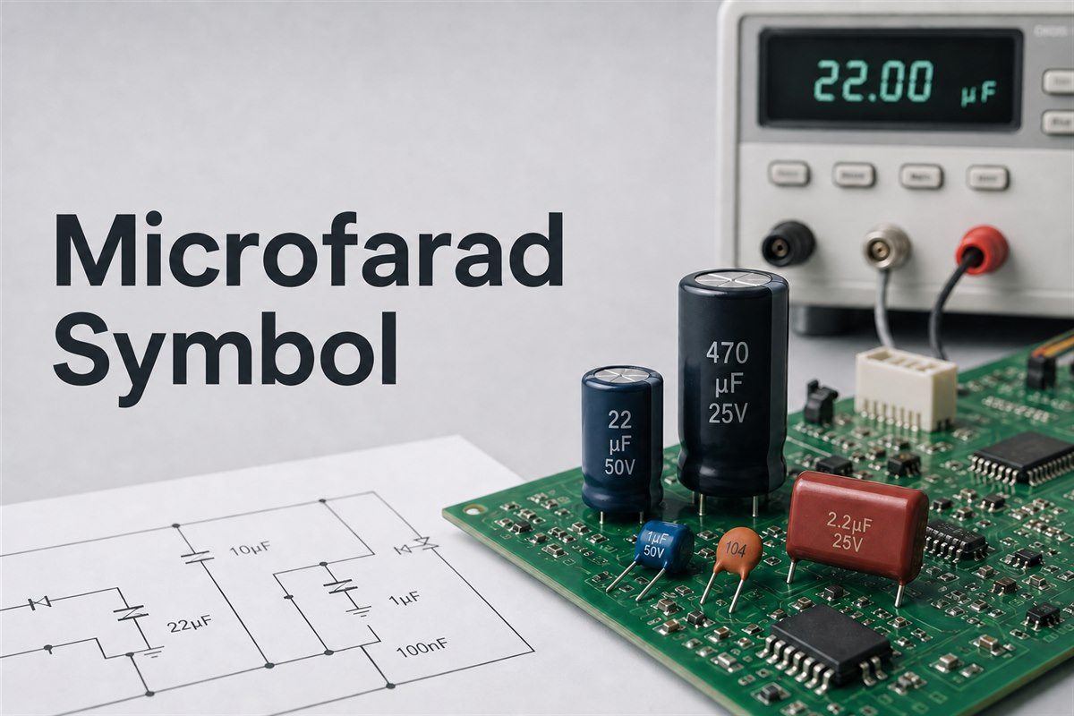 Microfarad symbol shown with capacitors, a PCB, schematic and capacitance meter