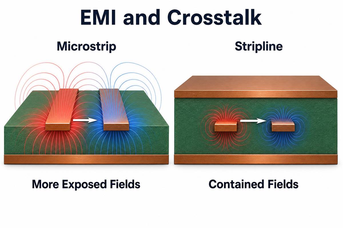 EMI and crosstalk field containment in microstrip and stripline routing