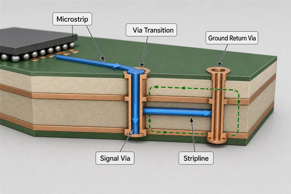 Microstrip to stripline signal via transition with a nearby ground return via