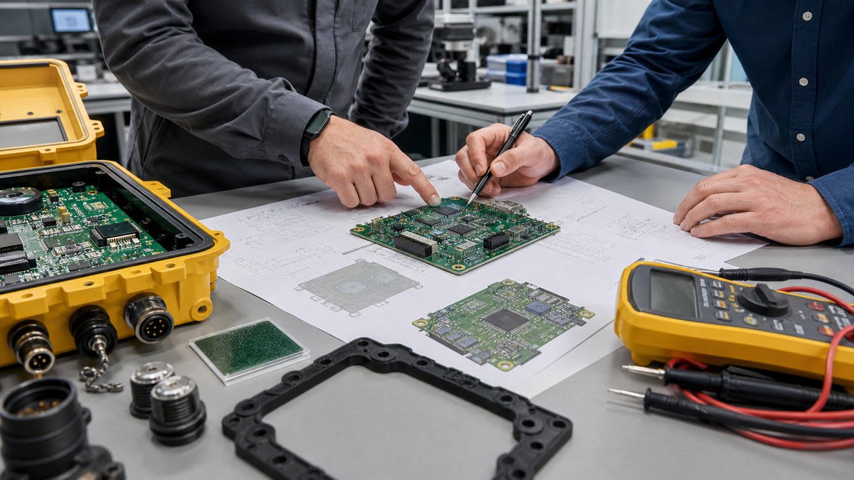 Engineers reviewing a rugged mining equipment PCB with enclosure gasket and connector samples