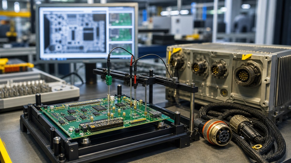 Mining equipment PCB assembly under electrical test with rugged connector harness and sealed enclosure