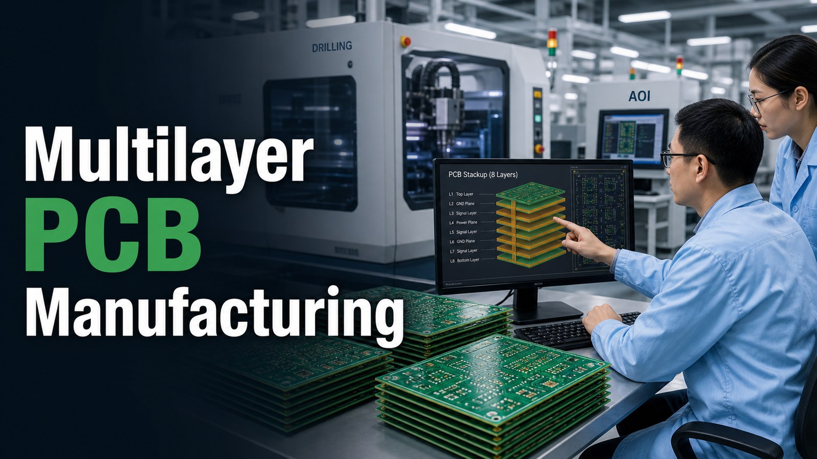 Multilayer PCB manufacturing with stackup review drilling and AOI inspection