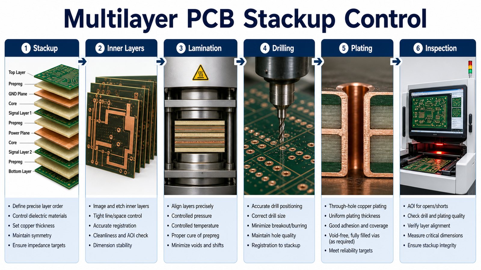 Multilayer PCB stackup control from stackup to inspection