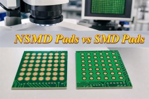 NSMD Pads versus SMD Pads shown on a PCB inspection bench