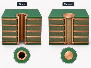 Comparison of open via and capped via structures in a multilayer PCB