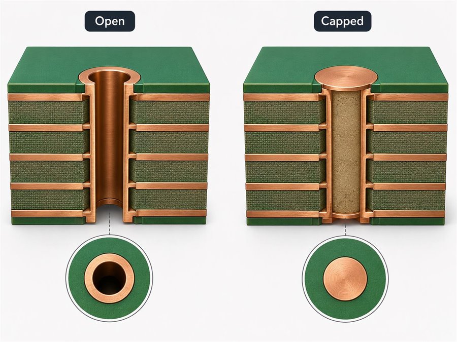 Comparison of open via and capped via structures in a multilayer PCB