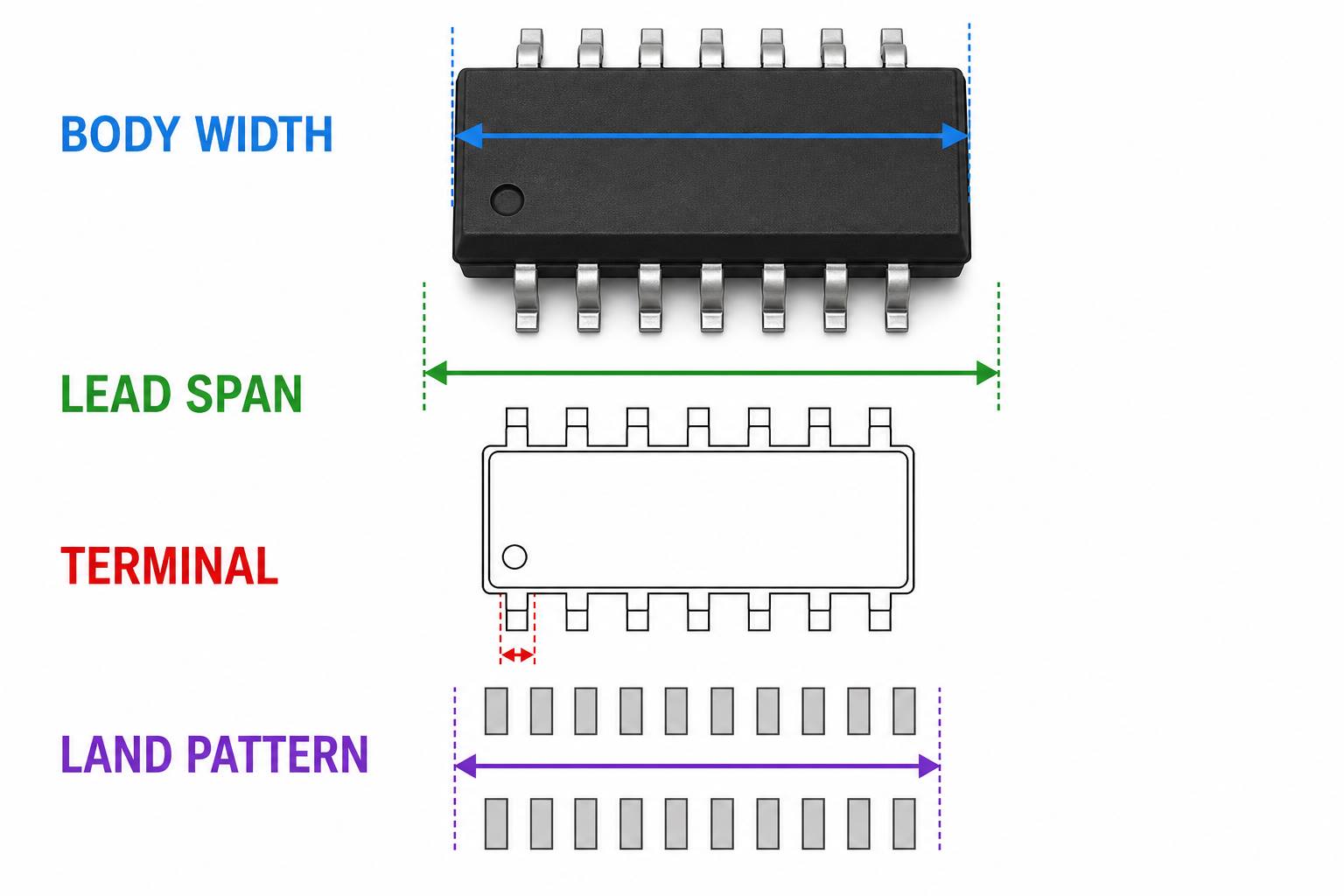 Technical diagram comparing IC body width, lead span, terminal width and PCB land pattern width
