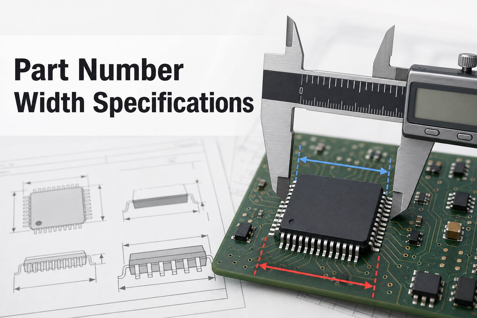 Digital caliper measuring an integrated circuit while a package drawing shows part number width specifications