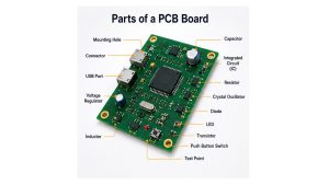 Parts of a PCB board diagram identifying the mounting holes, connectors, integrated circuit, resistor, capacitor, inductor, diode, LED, transistor, crystal oscillator, test point, and voltage regulator