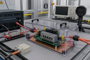 Passive rectifier full-load test with a guarded prototype board, electronic load, oscilloscope, and thermal camera
