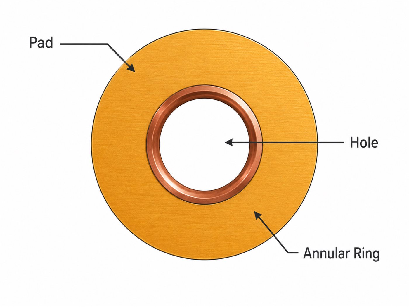 PCB annular ring anatomy showing the pad, plated hole, and surrounding copper ring