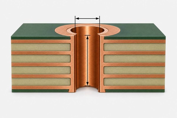 PCB via aspect ratio dimensions showing plated hole depth and hole diameter