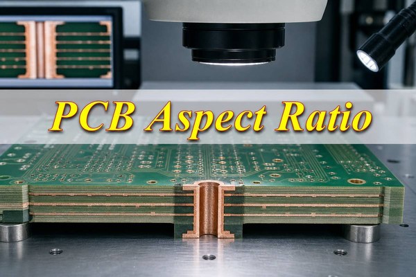 PCB Aspect Ratio shown on a multilayer board with a plated through-hole cross-section
