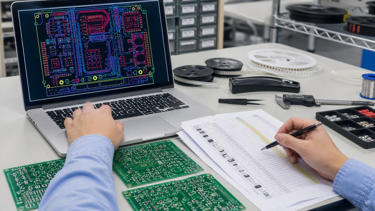 PCB assembly BOM and DFM review with circuit layout, component reels and assembled boards