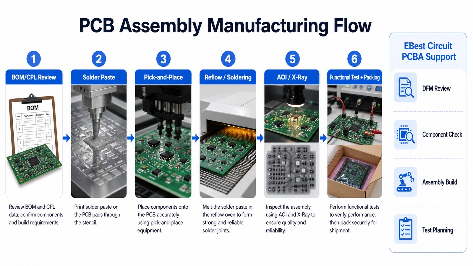PCB assembly manufacturing flow from BOM CPL review to SMT AOI X-ray functional test and packing